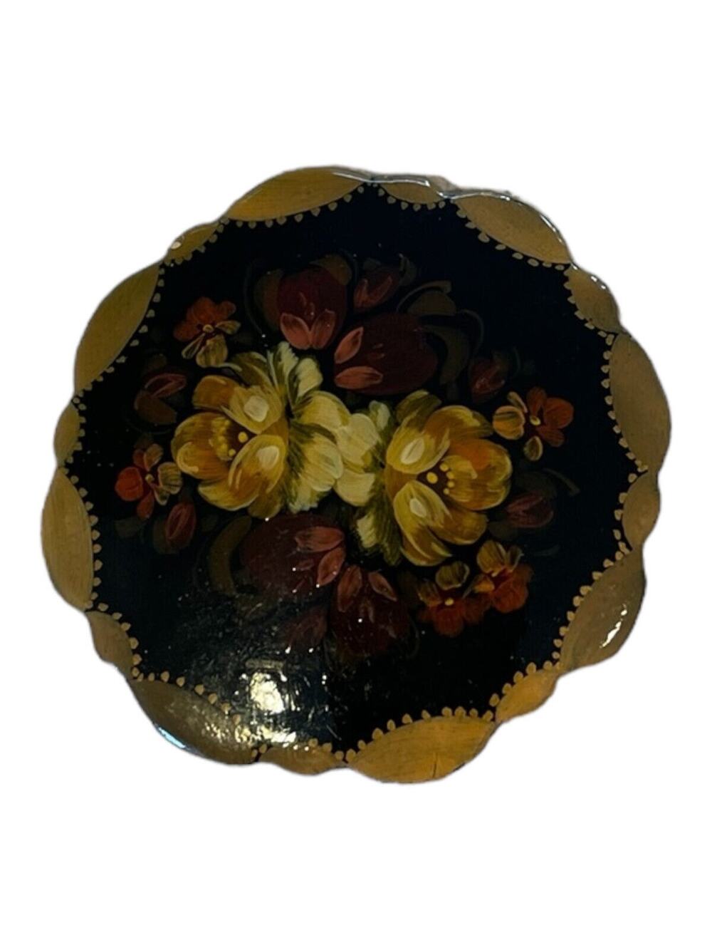 Palekh Russion Lacquer Pin Brooch Wood with Hand Painted Red and Orange Flowers